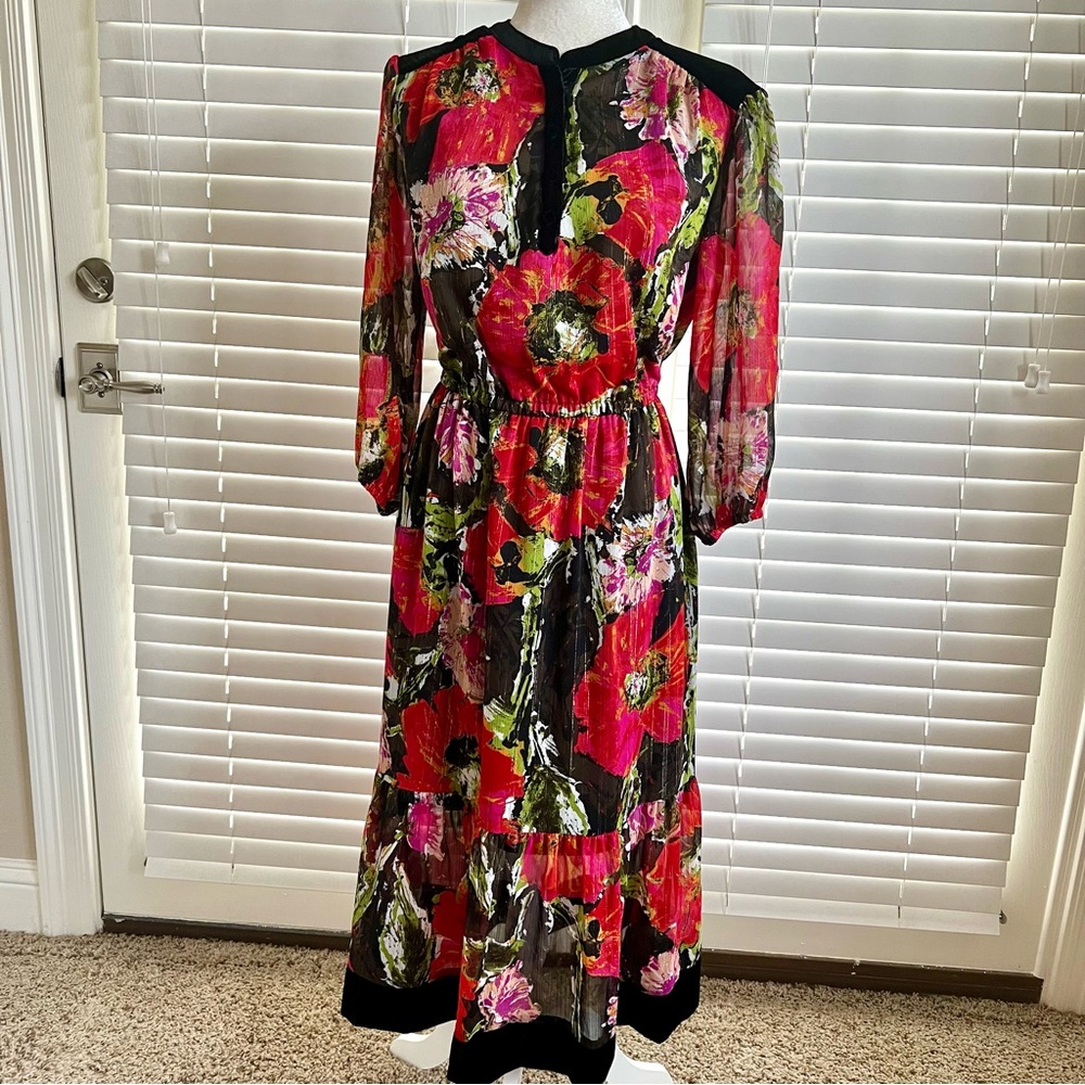KAARI BLUE Sz Small Red Floral Maxi Prairie Dress Ruffle Hem Puffy Sheer Sleeves